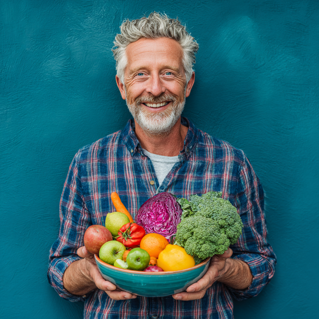 Cheerful middle-aged man around 50 years old holding a colorful bowl of fresh fruits and vegetables, showcasing satisfaction with healthy nutrition results and lifestyle changes