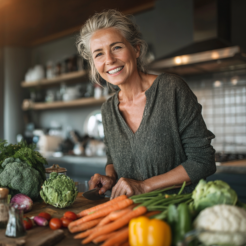 Smiling mature woman in her late 40s preparing fresh vegetables and healthy ingredients in a modern kitchen, representing healthy nutrition planning and mindful eating habits